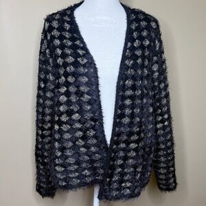 Alfani Cardigan Sweater Black Cream PXL Sparkle Fuzzy Faux Fur  Geometric Style